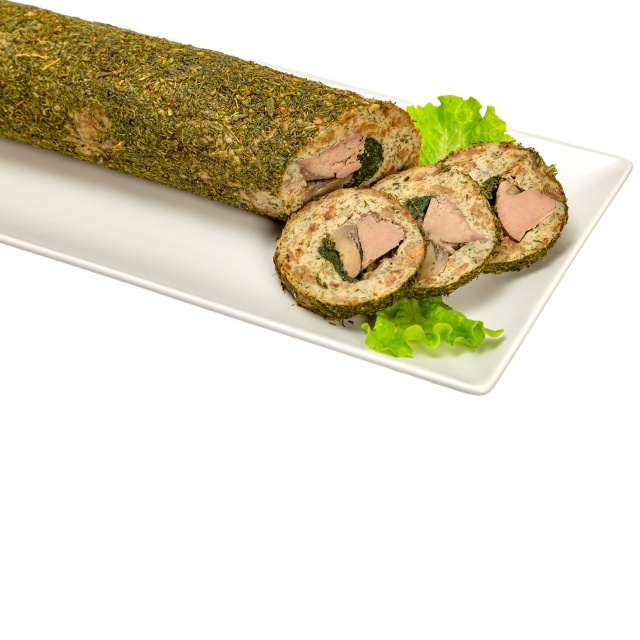 Chicken roulade with mushrooms and chives, covered with dried dill